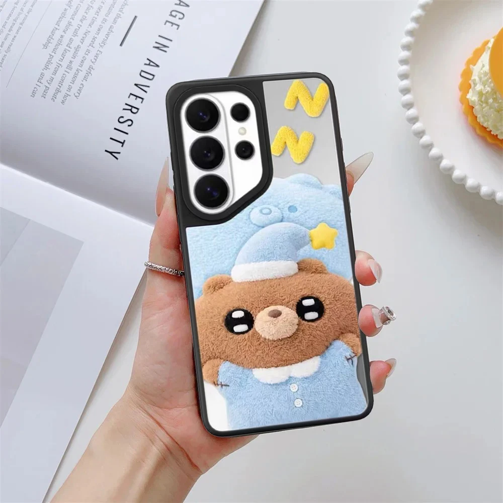Cartoon Pajama Teddy Bear Mirror Surface Magnetic Phone Cover for Samsung Galaxy S23 S24 S25 S26 Ultra S26+ Plus Case