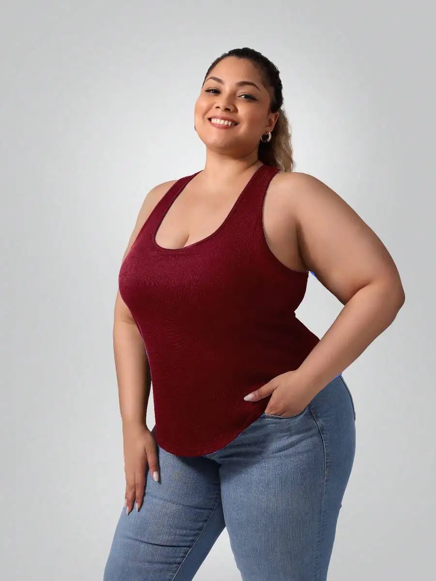 

Plus Size Women Tank Top With Built-In Bra Sleeveless Racerback Curved Hem Casual Camisole