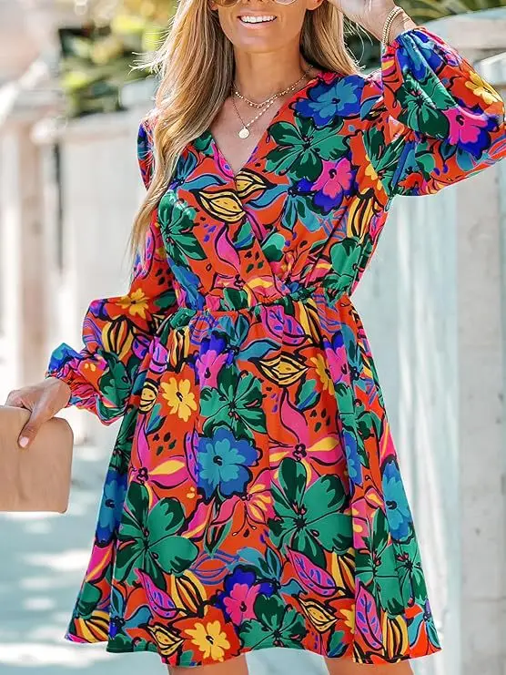 SKMY 2025 ربيع جديد ملابس النساء أنيقة الشيفون شير موضة فستان مُزين بطباعة الخامس الرقبة عالية الخصر كم طويل فساتين الحفلات