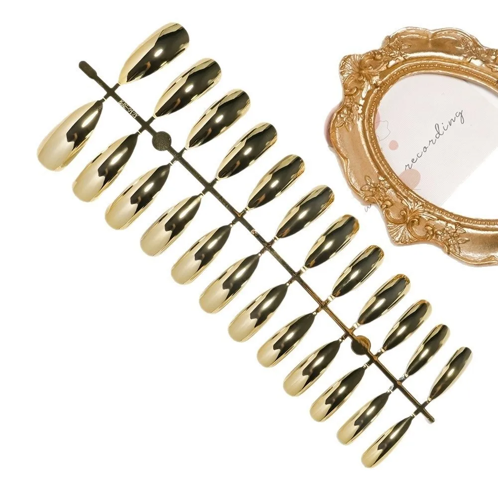 Fashion Finished Detachable Press on Nails Long Length Gold Long Almond Fake Nails Mirror Surface False Nails Women/Girls