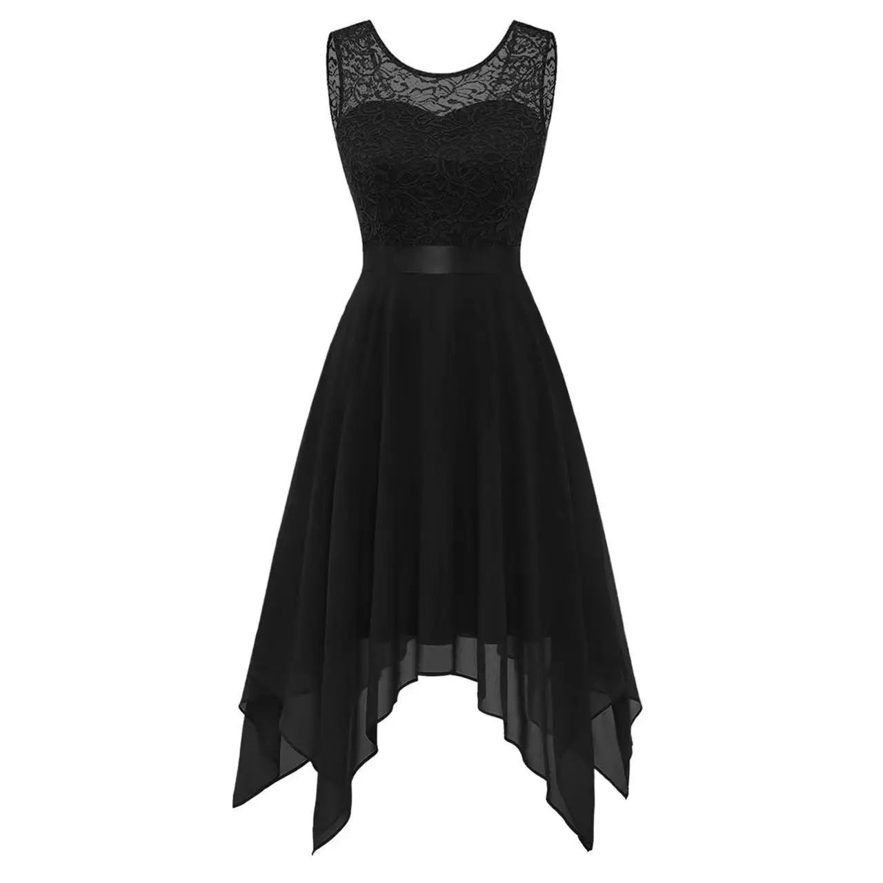 فستان أنيق لحفلات الكوكتيل من الشيفون والدانتيل بدون أكمام