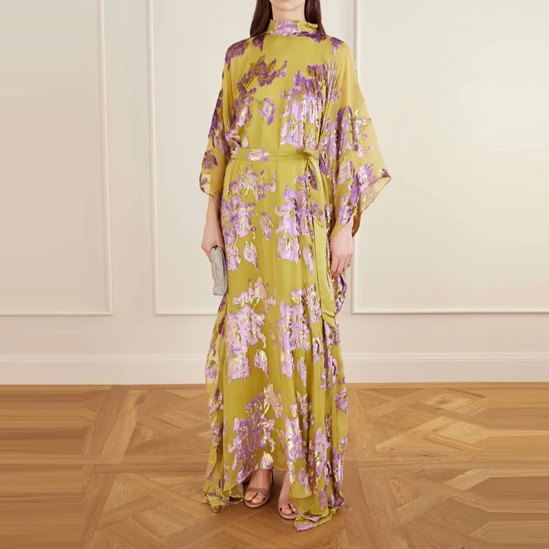 New 2026 Chic Loose Fit Holiday Dress Fashion Lady O Neck Batwing Sleeve Robe Dress Spring Autumn Pattern Printed Women's Dress