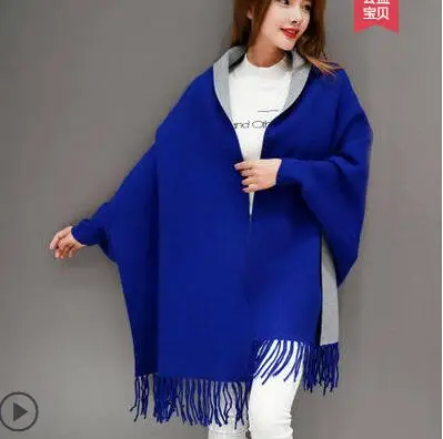 Autumn Winter Fashion Lady Tassel Knitted Shawl Sweater Women Solid Tassel Batwing Sleeve Poncho Cardigan wrap swing