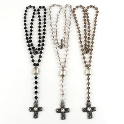 Fashion Bohemian Jewelry Black Crystal Glass Rosary Chain Cross Pendant Star Cross Necklaces