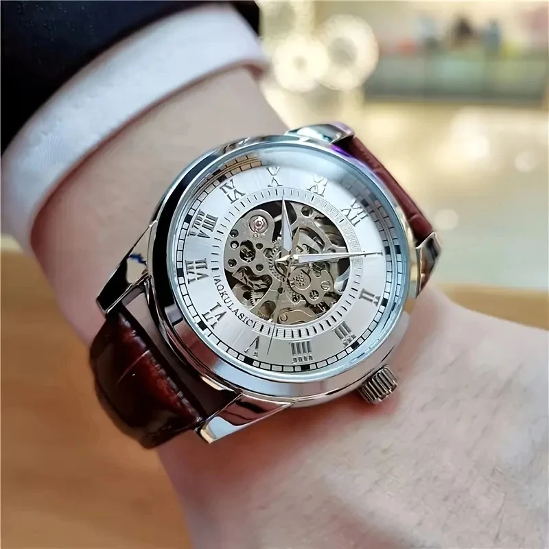 Elegant Men's Automatic Mechanical Skeleton Watch—Leather Strap, Roman Numeral Dial, Automatic Movement, Suitable for Both Business and Casual Wear, Ideal Gift for Young Men, Business Casual Men's Watch |   Hollow Design Wristwatch |   Durable