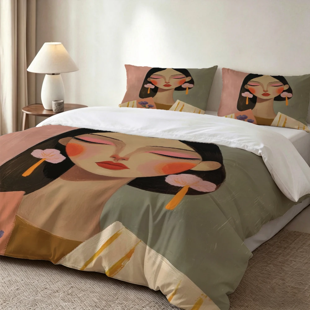 

High-Definition Digital Printed Bedding Set, Vintage Style Girl Illustration Large Floral Pattern Duvet Cover Set, Includes 1 Duvet Cover + 2 Pillowcases, Suitable for Bedroom, Guest Room, Home Decoration, Polyester Fiber Duvet Cover + Pillowcase Three-Pi