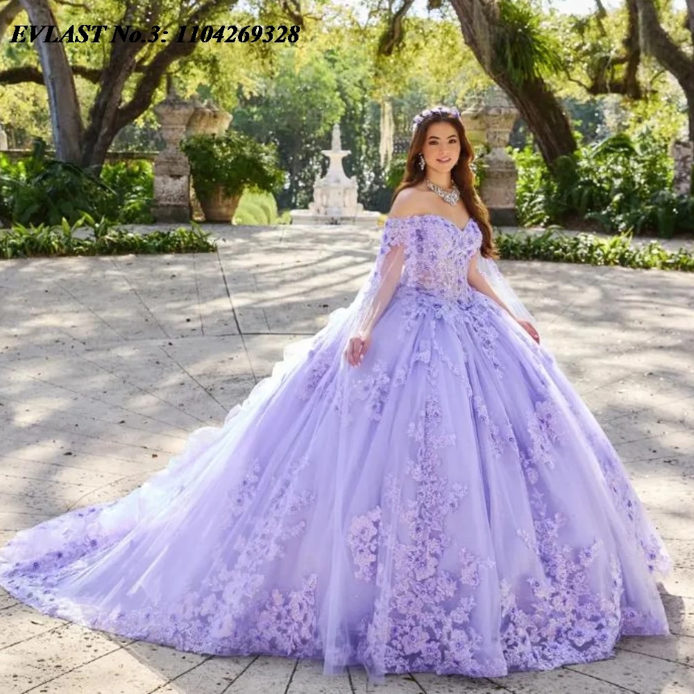 

EVLAST Customized 2025 Lilac Quinceanera Dress Ball Gown Floral Applique Beaded Cape Corset Sweet 16 Vestidos De 15 Anos E3Q91