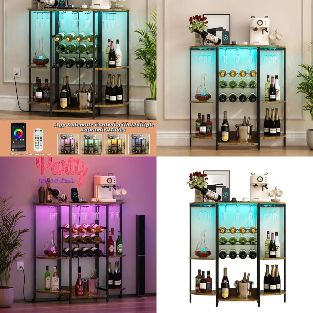 

LED-Illuminated Freestanding Bar Cabinet with Outlets, Mini Liquor and Coffee Bar with Wine Rack and Glass Holder, Rustic Brown