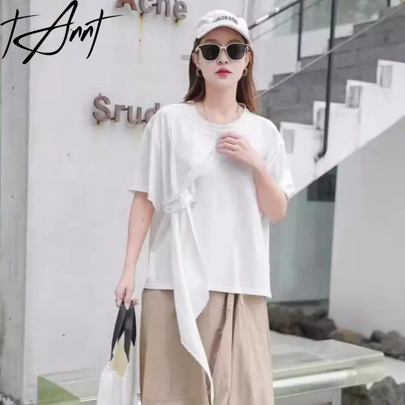 

Tannt Women T-shirt Asymmetry Patchwork Black White Women T-shirt Tops Loose Casual Summer Solid Color T Shirt 2024 New