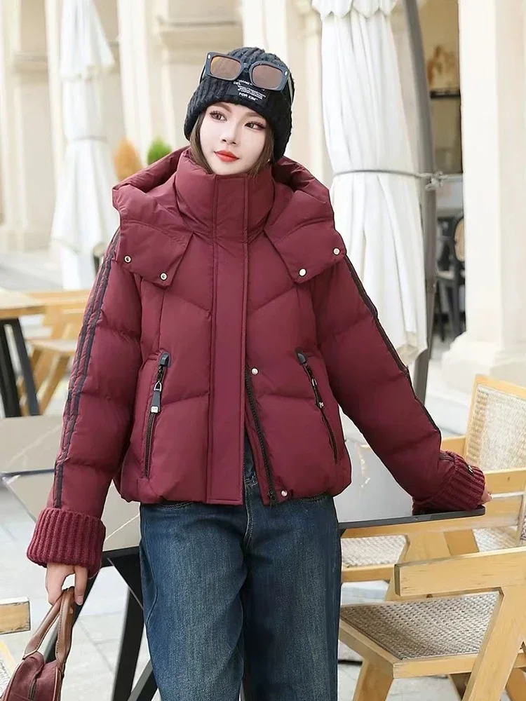 

Lightweight Thiened Winter down Jaet Women's ort Sle Casual Loose Fit Zipper Closure Knitted Hat Inteated Outerwear