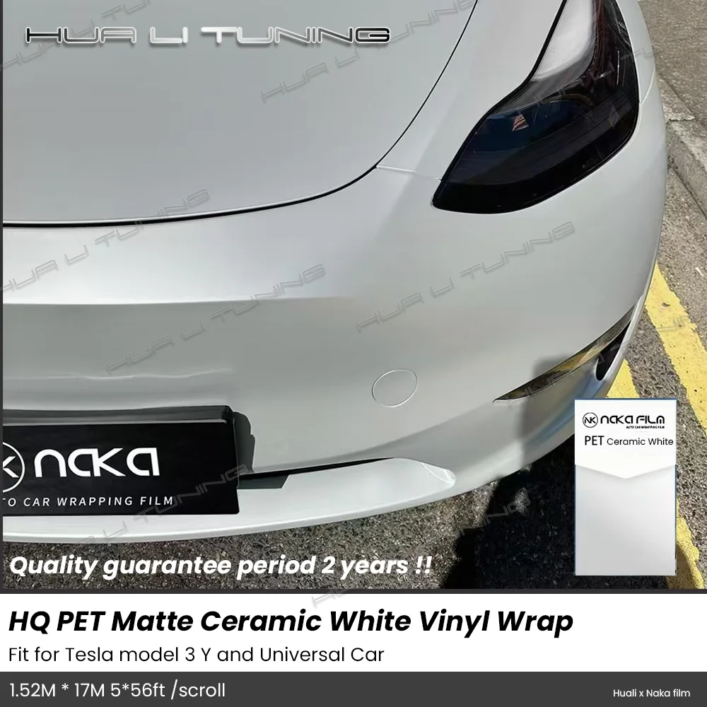 

For Tesla Model 3 Y etc. PET Matte Ceramic White Vinyl Wrap LowTack Glue 1.52*17M/Roll 5x56ft Air Bubble Free HQ Auto Film