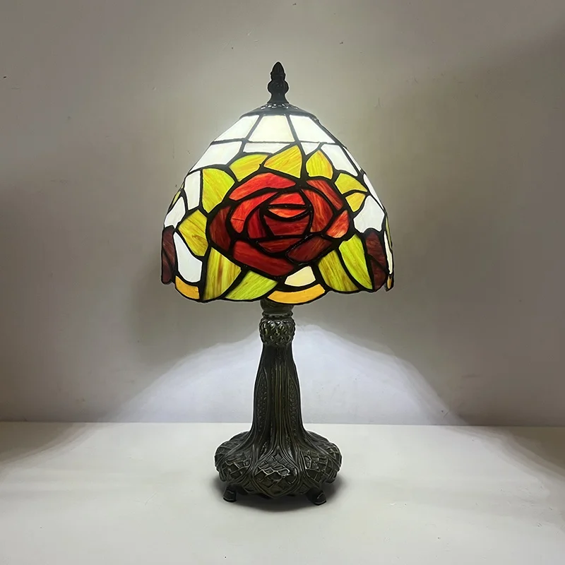 8inch European Retro Stained Glass Rose Style Tiffany Table Lamp Suitable for Living Room Bedroom Home Table Lamp