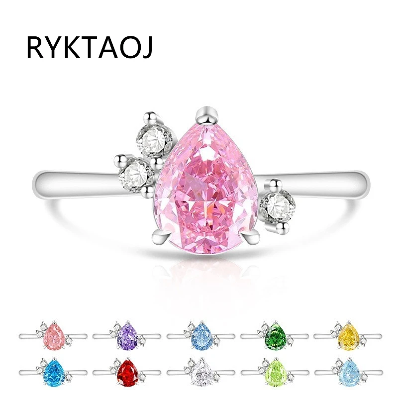 925 Sterling Silver Pear Cut Multi‑Color CZ Ring Side Accent Stones Teardrop Cubic Zirconia Women Engagement Party Jewelry Gift
