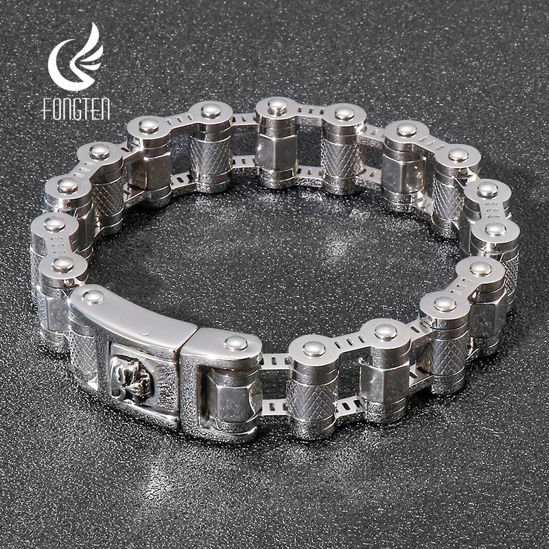 

Fongten Punk Skull Charm Bracelet for Men Stainless Steel Bicycle Chain Bracelets Bangles Men Silver Color Skeleton Jewelry Gift