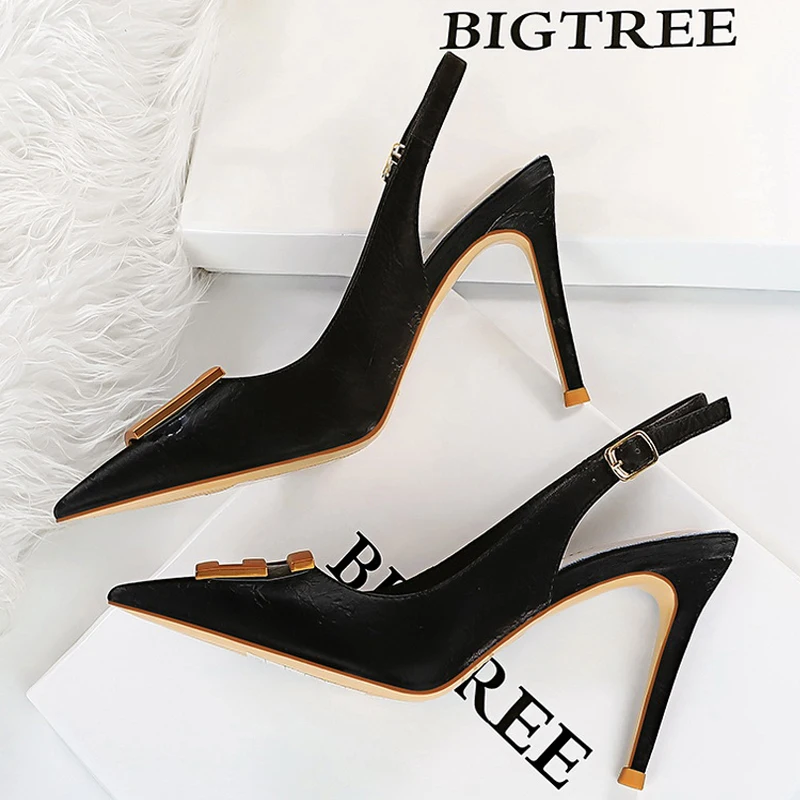 BIGTREE Shoes Pointed Toe Women Pumps Metal Square Buckle High Heels Stiletto Sexy Party Shoes Summer Women Sandals Size 42 43