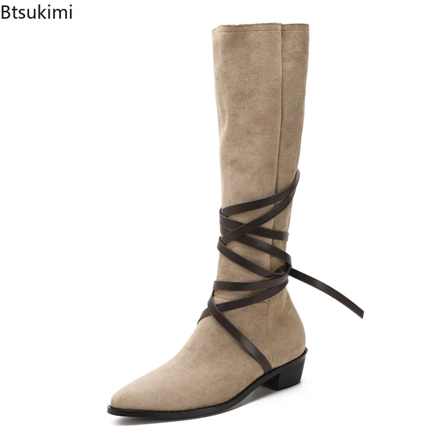 New 2026 Spring and Autumn Shoes Retro Brown Cross-tied Pleated Boots Pointed Toe Lace-up Western Cowboy Knight Boots for Women