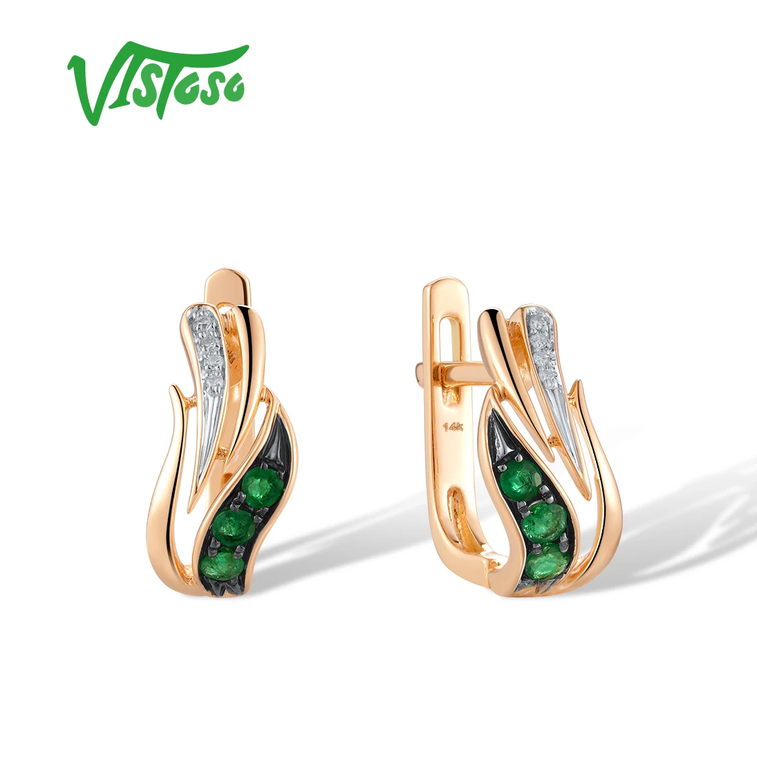 VISTOSO Genuine 14K 585 Rose Gold Earrings For Women Sparkling Diamonds Emerlad Elegant Wedding Party Gifts Fine Jewelry