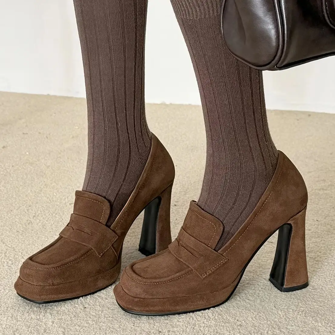 EAGSITY Cow Leather platform shoes women loafers high heel shoes pumps casual block heel street style