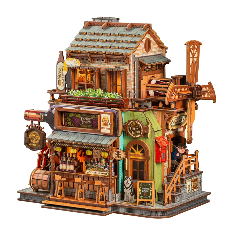 DIY Holz-Ecktaverne Miniatur-Modellbausatz mit Möbeln, Puzzle-Puppenhaus als Geburtstagsgeschenk für Freunde