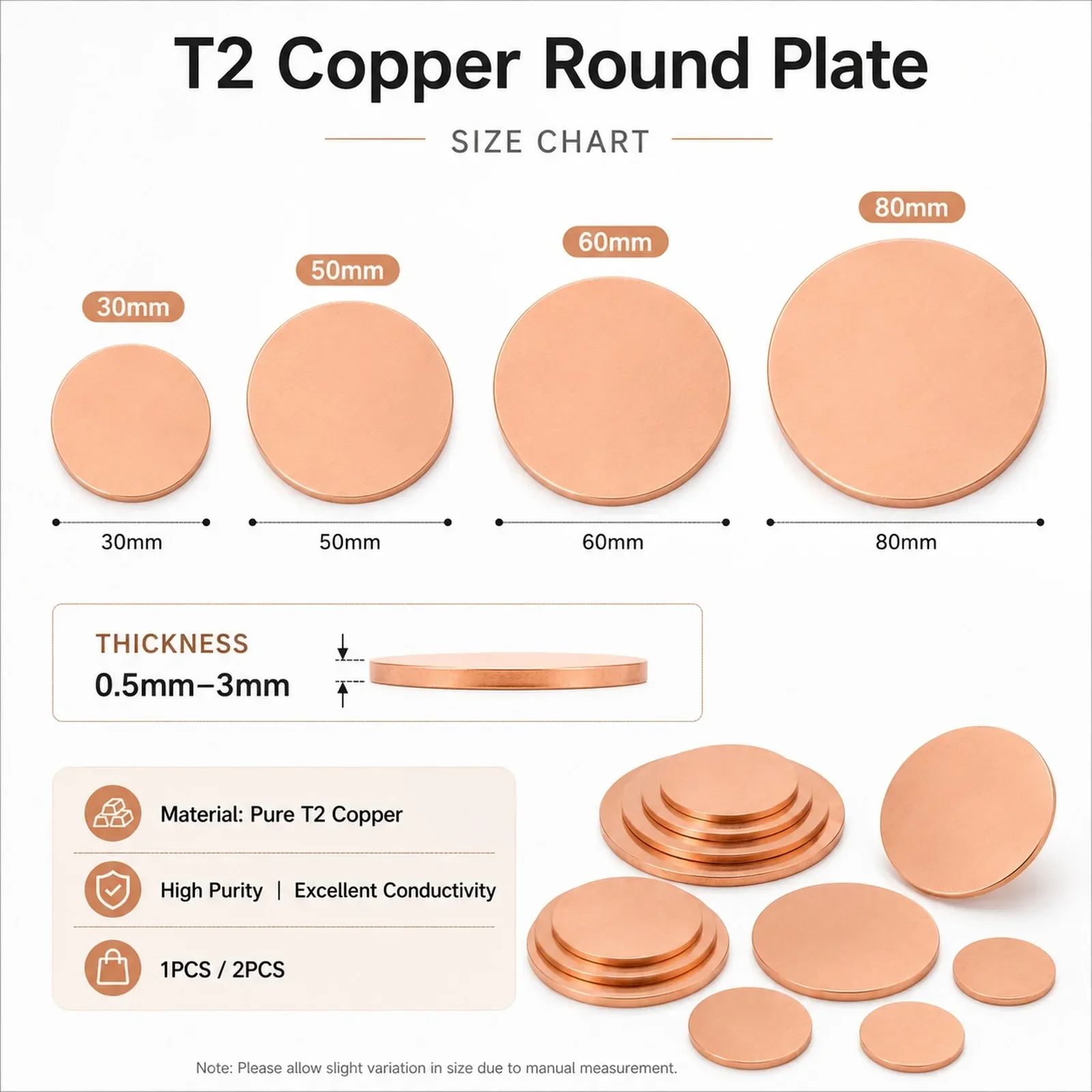 2-10Pcs 0.1-5mm Thick 30-50mm Diameter T2 Coppers Disc Round Plate, Coppers Round Disc for Heat Sink Electrical Crafts