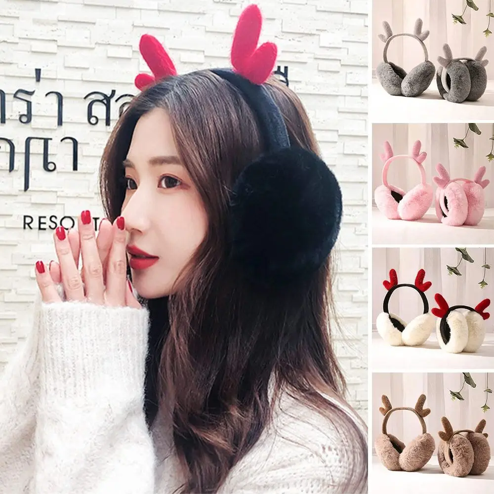 Winter Warm Plush Earmuffs Foldable Fluffy Earflaps Casual Cute Antlers Ear Warmer for Men Women