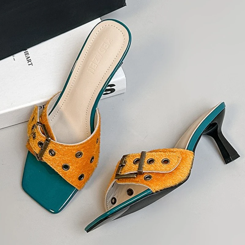 

Модные дизайнерские сандалии с пряжкой из конского волоса для женщин, сексуальные тапочки на каблуке с квадратным открытым носком, повседневные удобные легкие шлепанцы