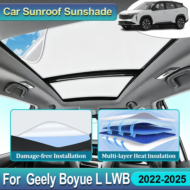 

For Geely Boyue L Starray Atlas FX11 MK3 LWB 2022 2023~2025 Electrostatic Adsorption Panoramic Sunroof Suede Sunshade Sun Visor