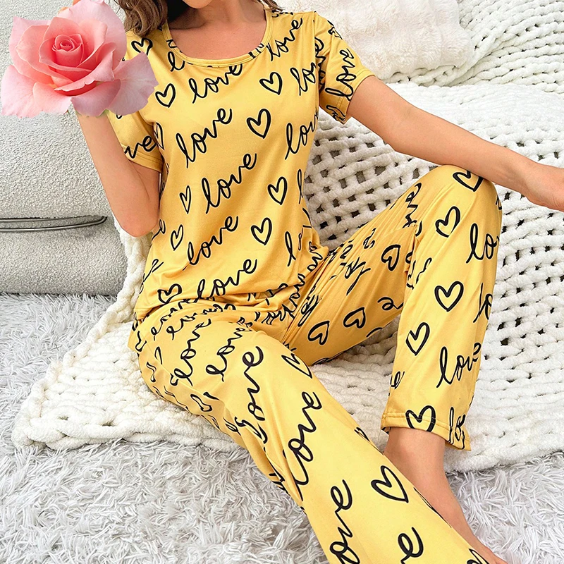 Women's Casual Pajamas Set Autumn Short Sleeve Round Neck Tops & Pants Sleepwear 2 Piece Soft Comfortable Relaxed Fit Loungewear