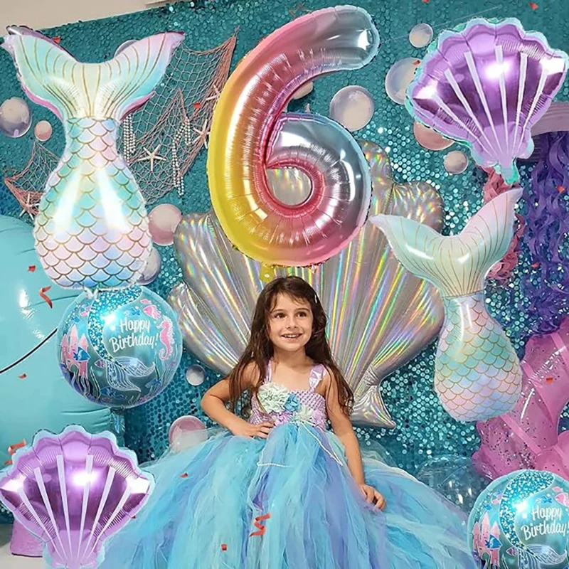 6-teiliges Meerjungfrauenschwanz-Kugel-Set aus digitaler Folienballon, Meerjungfrau, Ozean, Märchen, Meer, Thema, Mädchen, Geburtstag, Party, Nummer 0–9, Dekoration – Detail 5