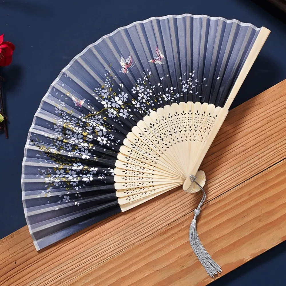 Elegant Chinese Style Tassel Folding Fan Butterfly Swallow Bamboo Fan Plum Blossom Weeping Willow Handheld Fan Girl Gift