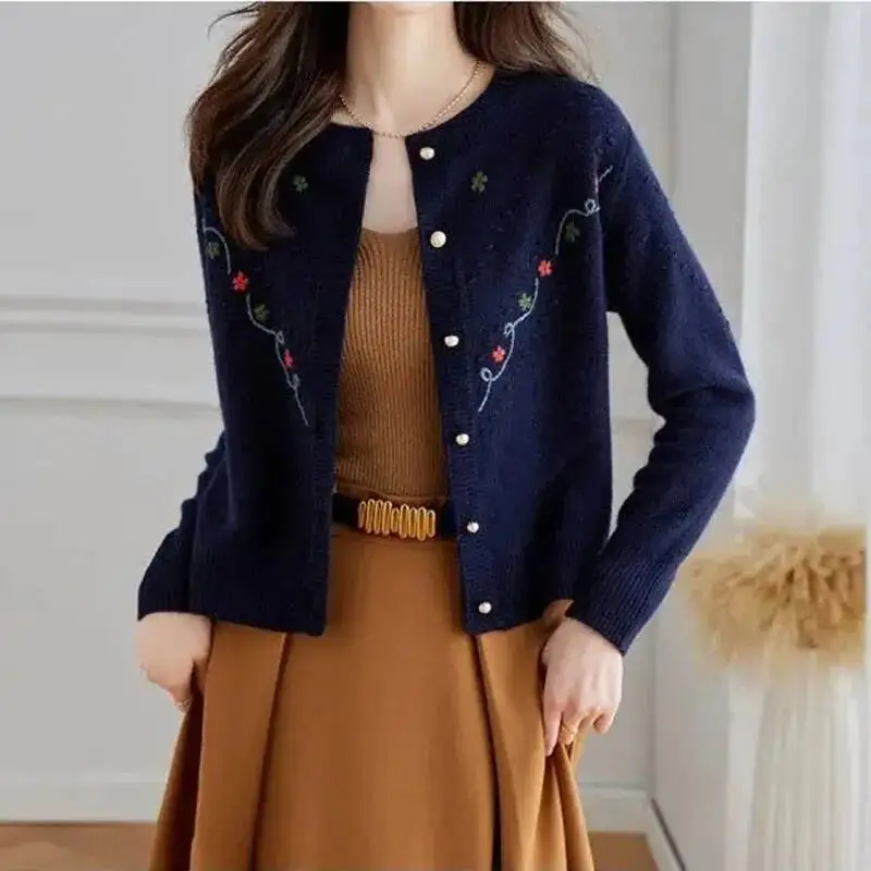 

Knitted Cardigan Jacket Women's Spring Winter 2025 New Embroider Loose Short Sweater Outerwear Female Casual Ladies Tops