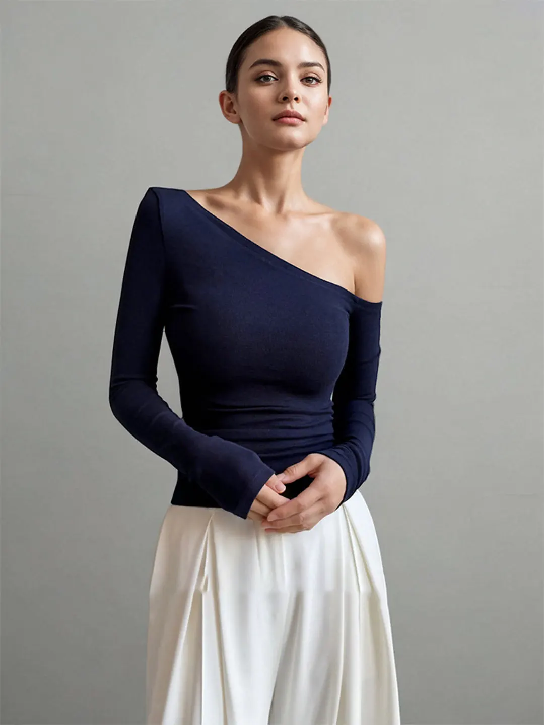 French Style Long Sleeve Sexy Shoulder T-Shirt Women's Autumn Winter Inner Wear Atmosphere Girl Hot One Shoulder Base Shirt Top