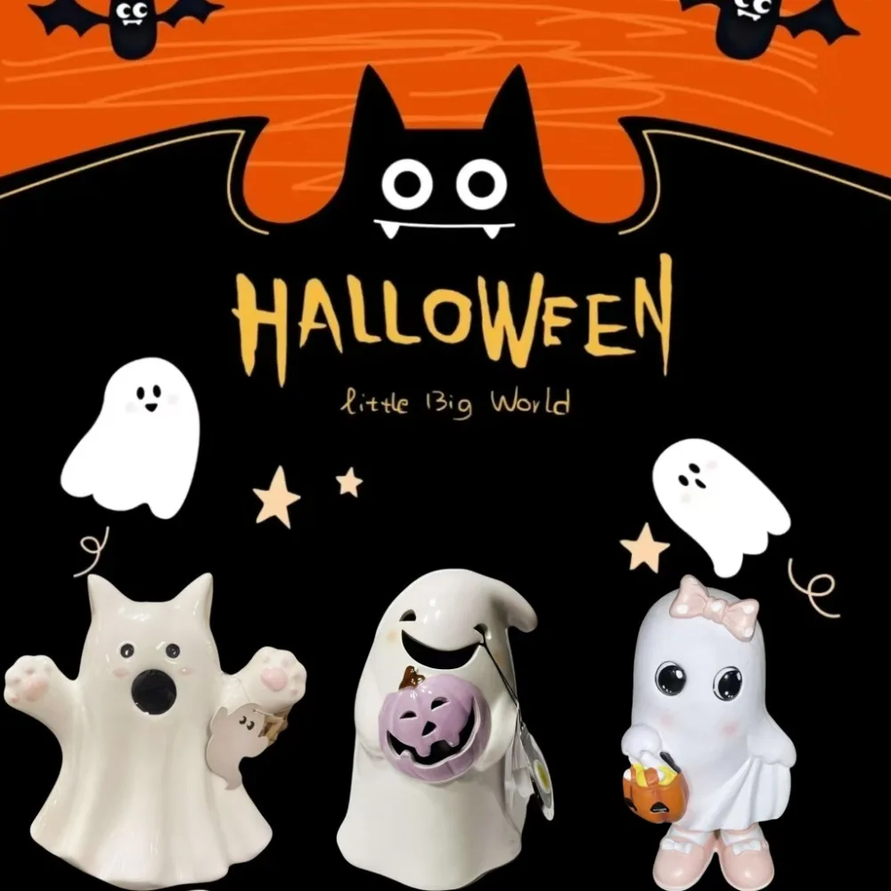 Funny Pumpkin Halloween Ghost Statue Bow Cat Spooky Figurine Crafts Resin Tabletop Decorations Halloween Decorations
