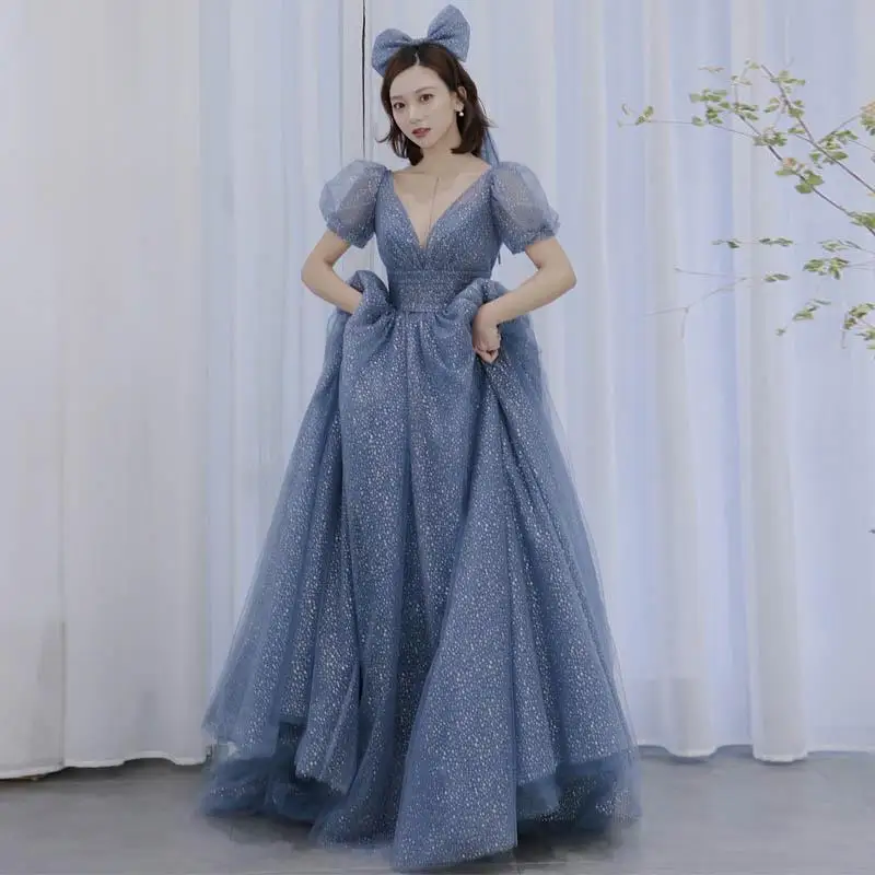 Blue Light Luxury Evening Dress 2025 Autumn New Style Dreamy Fairy Art Exam Princess Long Dress Dreamy Banquet Dress