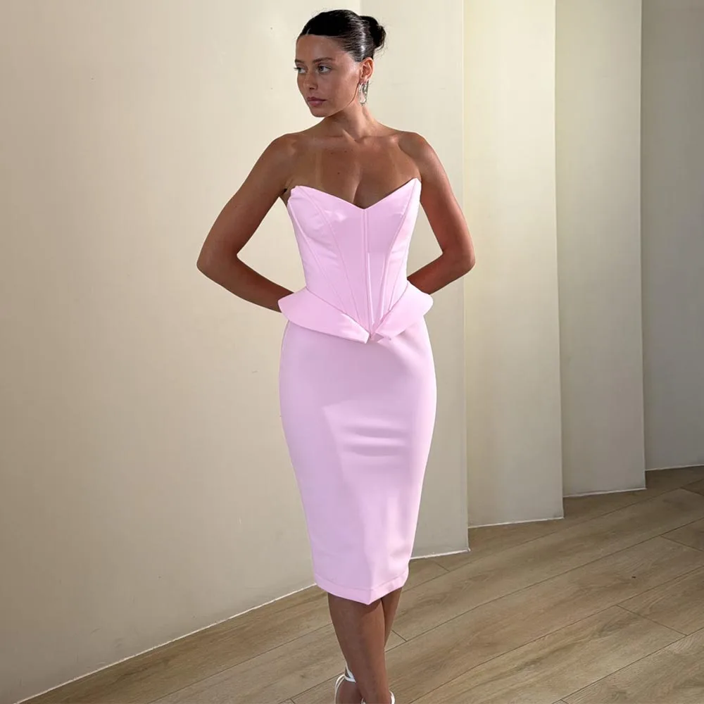 

Modern Cocktail Dress Pink V Neck Sleeveless Knee Length Sheath Cocktail Gowns for Women Back Split Women's Formal Party Dresses