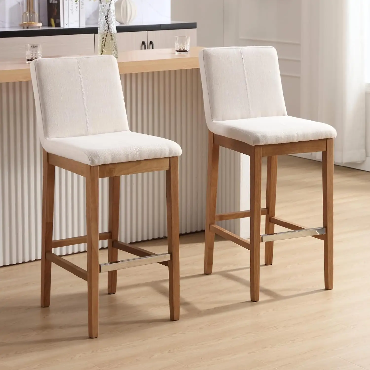 

Bar Stools for Kitchen Island Set of 2 Linen Fabric Upholstered Barstools with Back 30 Inch Mid Solid Wood Bar Height St