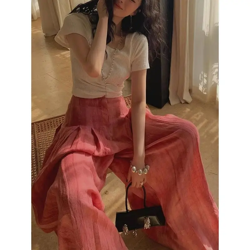 Fashionable Cotton And Linen Skirt Pants For Women In The Summer Of 2026, With Berry Powder And Wide Leg Casual Pants
