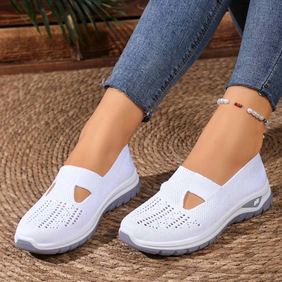 Summer Breathable Hollow Knit Women's Slip-On Shoes Non-Slip Lightweight Walking Sneakers Casual Mesh Loafers for Outdoor image 5