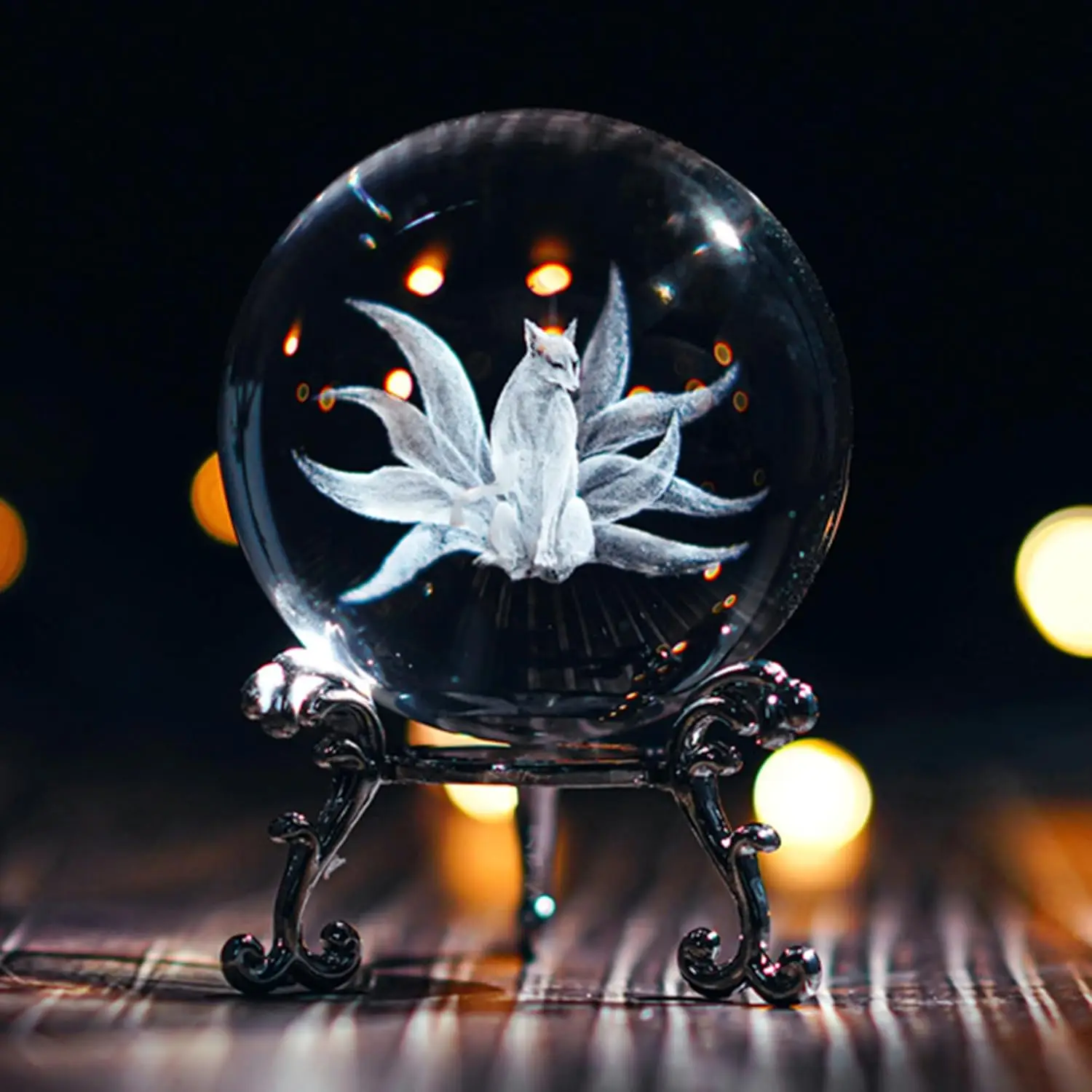 6cm 3D Nine Tailed Fox Crystal Ball Fox Model Decorative Glass Sphere with Metal Stand Paperweight Home Decoration Ornaments