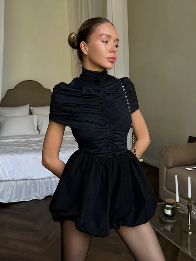 Einfarbig Halb Stehkragen Plissee Taille Kleid Frauen Mode Kurzarm Blume Knospe Saum A-linie Kleider Dame Täglichen Party Kleid