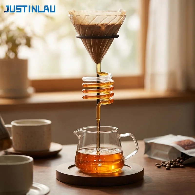 JUSTINLAU Coffee Dripper Hand-poured Coffee Brew Set with Thread Spiral Filter Tube＆Wood Base Reusable Espresso Dripper Funnel