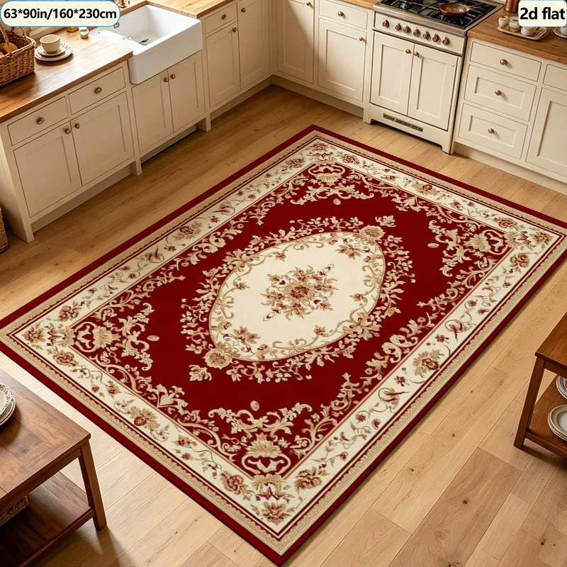 Luxury Red European Vintage Floral Medallion Carpet Flooring Square Area Rug Non‑Slip Washable Floor Carpet for Hall Living Room
