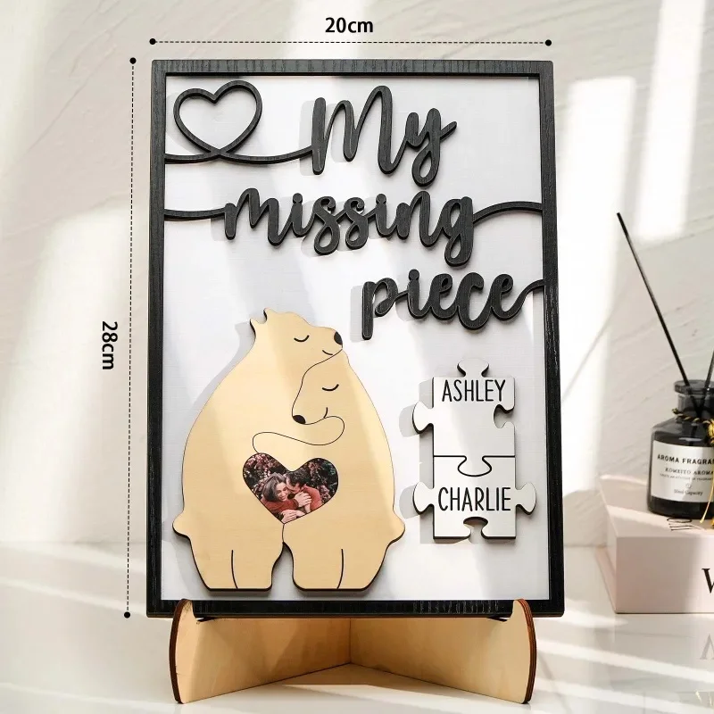 My Missing Piece Personalized Photo and Name Bear Couple 2 Layered Wood Plaque Wooden Sign