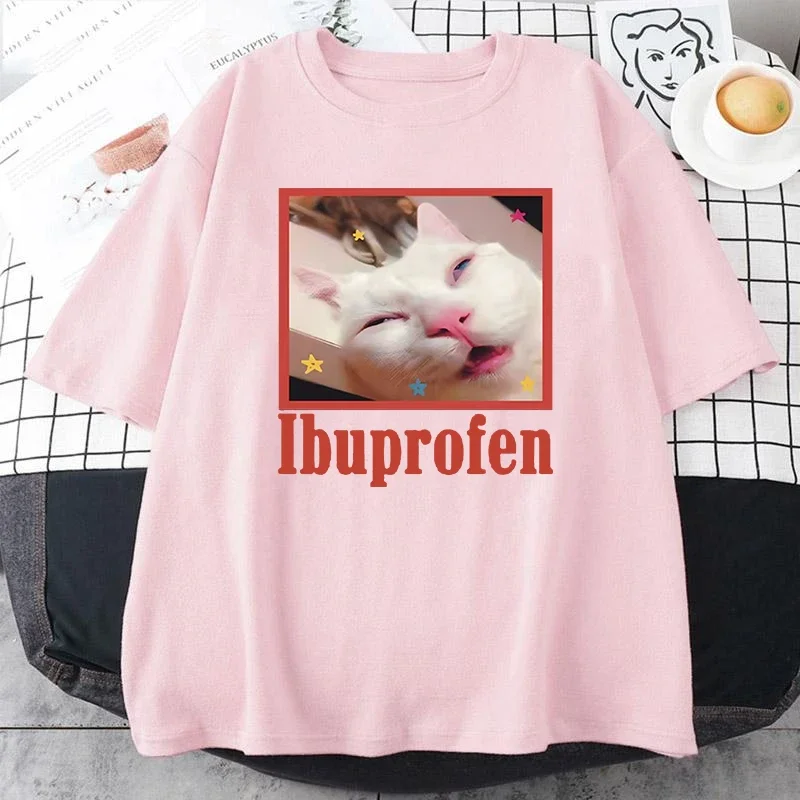 Ibuprofen القط ميمي التي شيرت لطيف القط عاشق القطن تي شيرت عادية مضحك تي شيرت للجنسين المتضخم التي شيرت المحملة مضحك القط الجرافيك المحملة