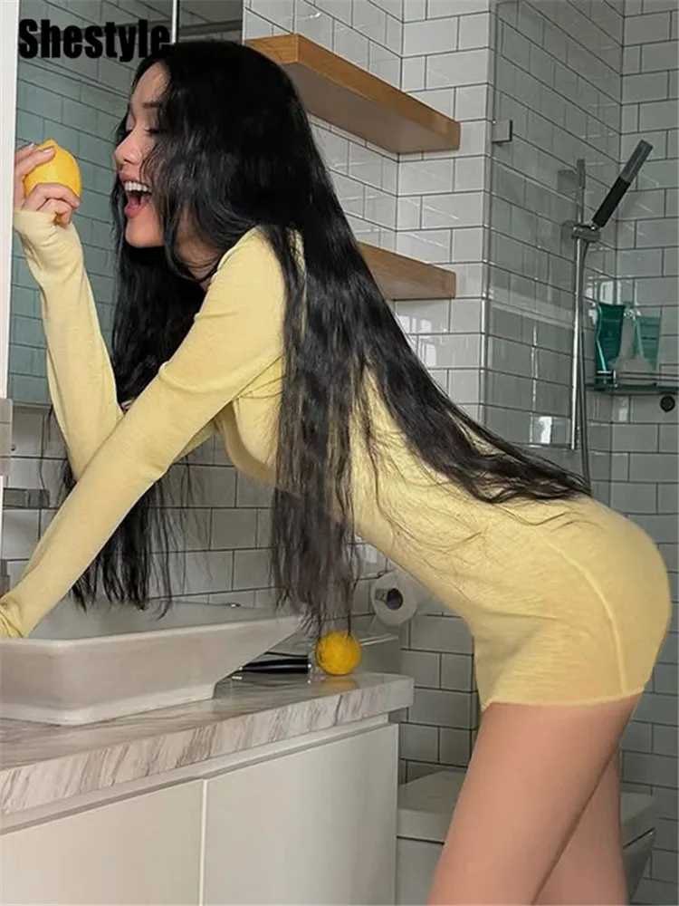 Shestyle الأصفر الصلبة غمد فستان شفاف المرأة طاقم الرقبة كم كامل مطاطا شير مثير لطيف البلوز يؤرخ الملابس الخريف