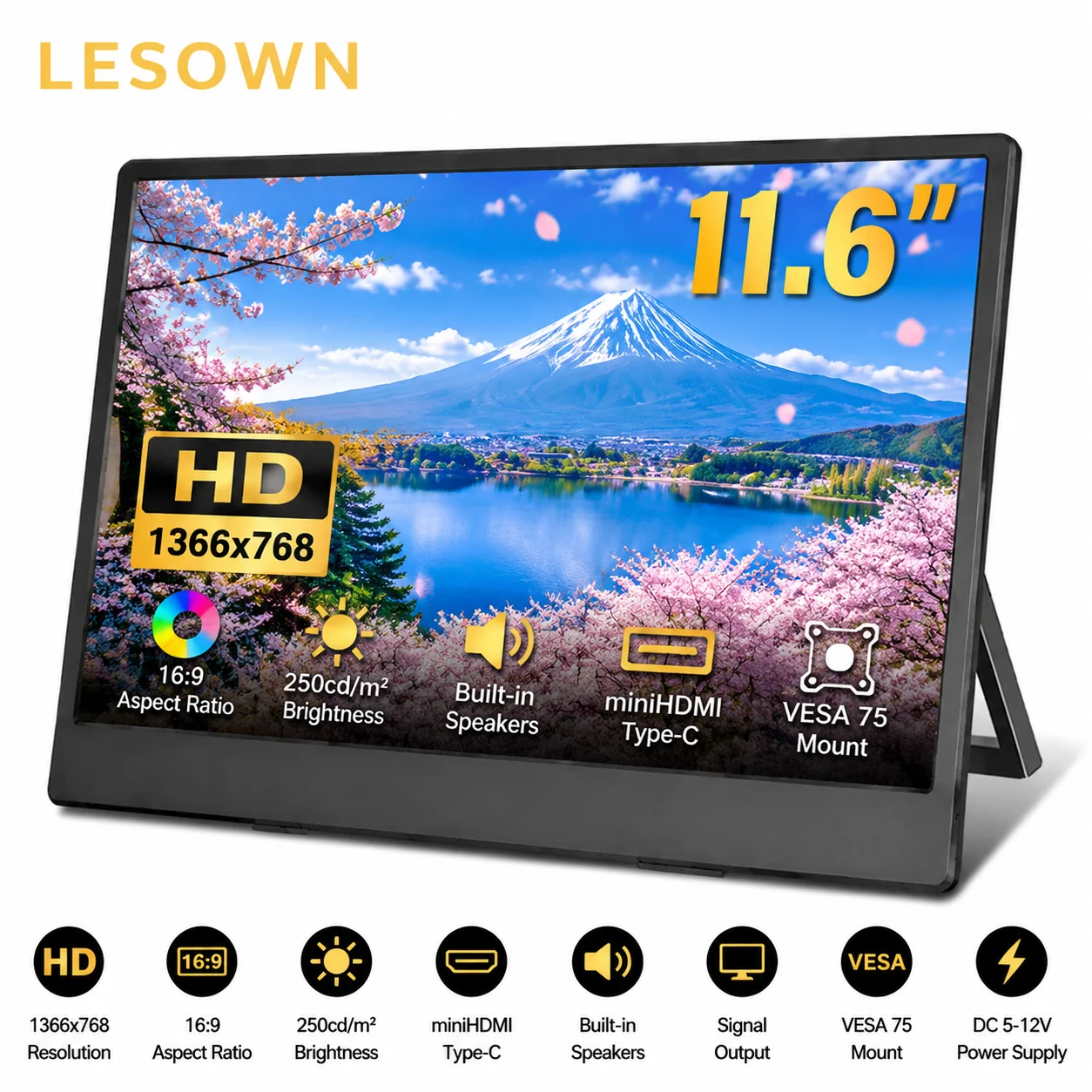 LESOWN 11.6 Inch Portable Monitor 768P LCD External Display Driver-free Slim Screen for Laptop