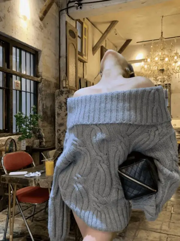 

Длинный свитер с открытыми плечами, женский повседневный свитер, осенний модный свободный крой, маленький размер, утягивающий универсальный топ