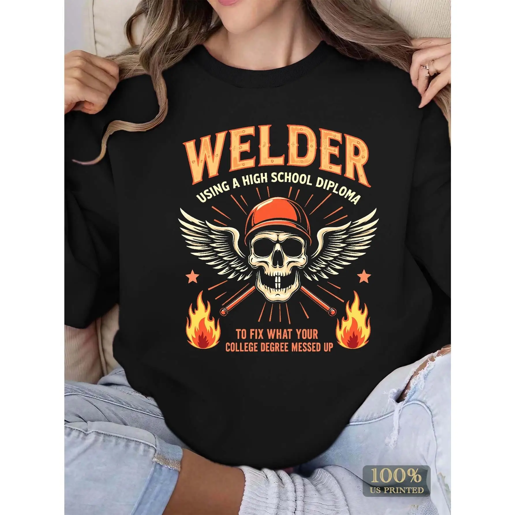 

Funny Welder Crewneck Sweatshirt, Welding Worker Gift, High School Diploma Quote Pullover, Casual Loose Top
