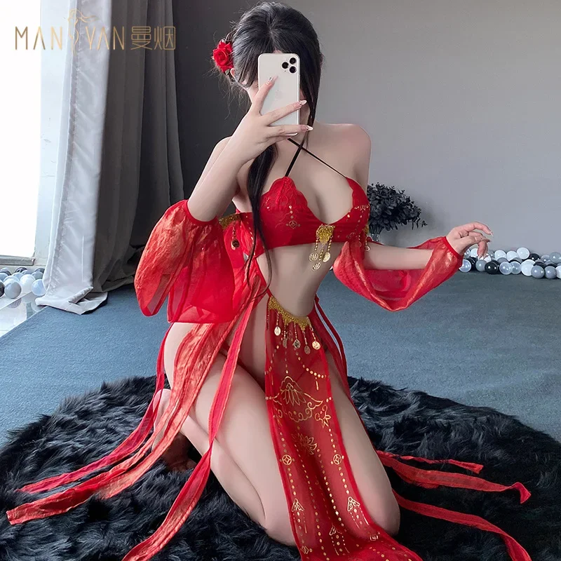 Tang Dynasty China sexy cosplay costumes erotic dresses see-through bar party uniform red Chinese antique-style hanfu lingerie