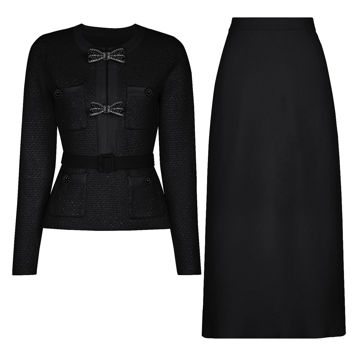 High Quality Spring And Autumn New Style Bright Silk Nail Bead Bow Belt Top Knitted Cardigan+half Skirt Slim Fit Women's Set